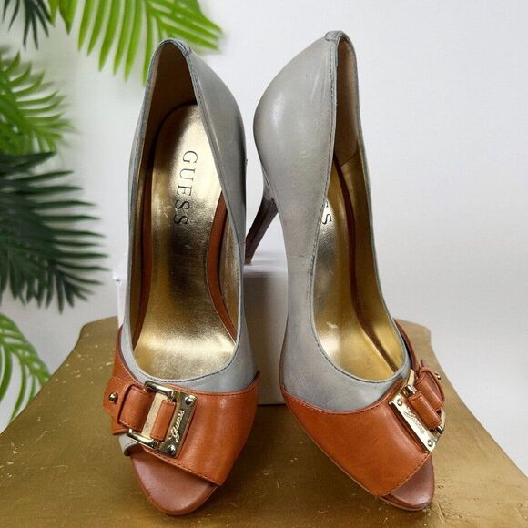 Womens Guess Old Money Classy Leather Peep-Toe Stiletto Buckle Heels / 5.5 - Picture 1 of 9